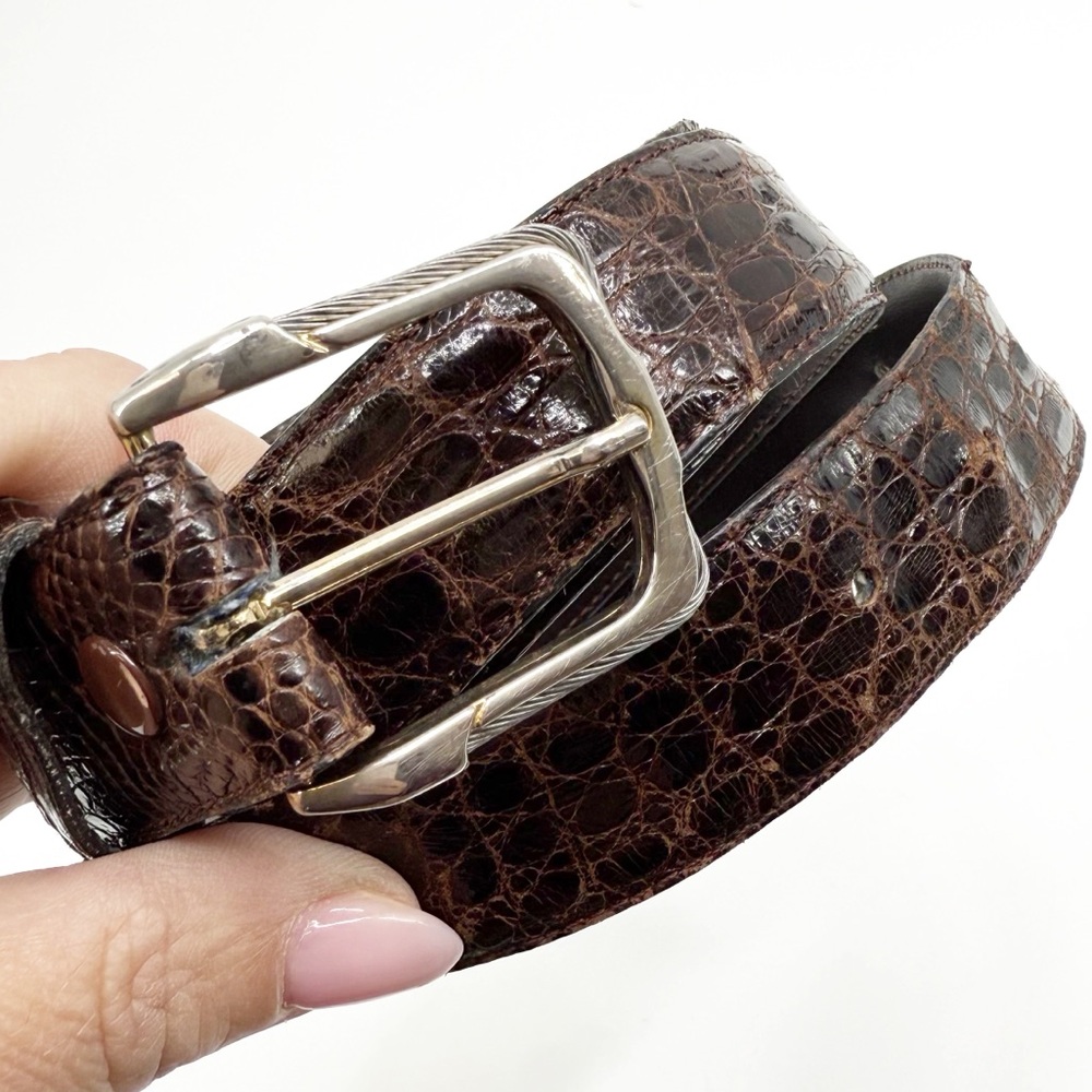 Genuine Alligator Brown Leather Belt with Silver Cable Buckle, Size 42
